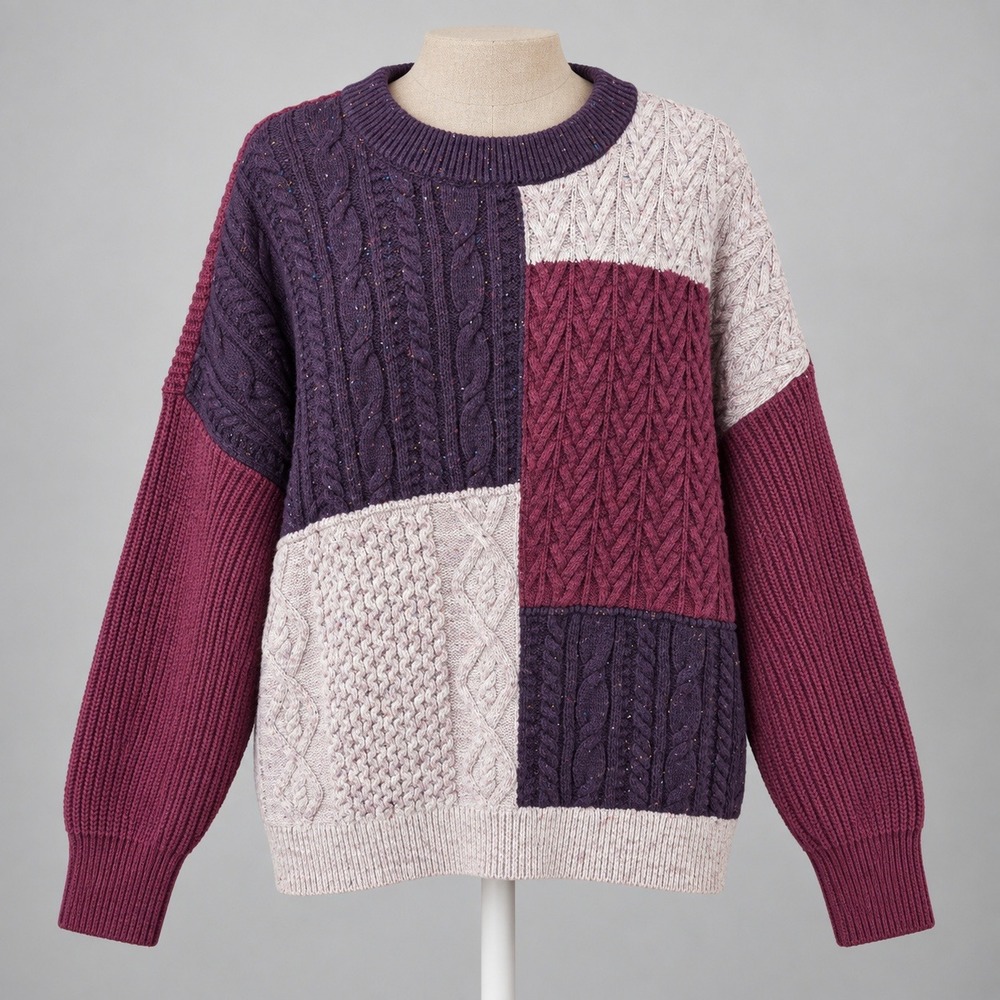 Heavyweight Patchwork Cable Knit Sweater Size M Purple Colorblock Cottagecore